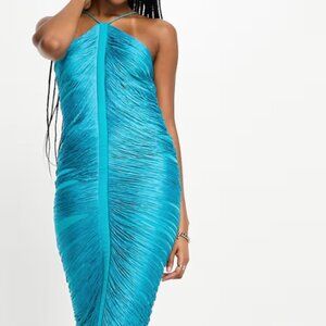 ASOS DESIGN Tall fringe drape halter maxi dress in teal